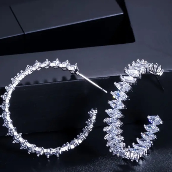 Marquise Diamond Simulated, Huggie, Large Hoop Earrings luxury Glam earrings - Picture 3 of 5